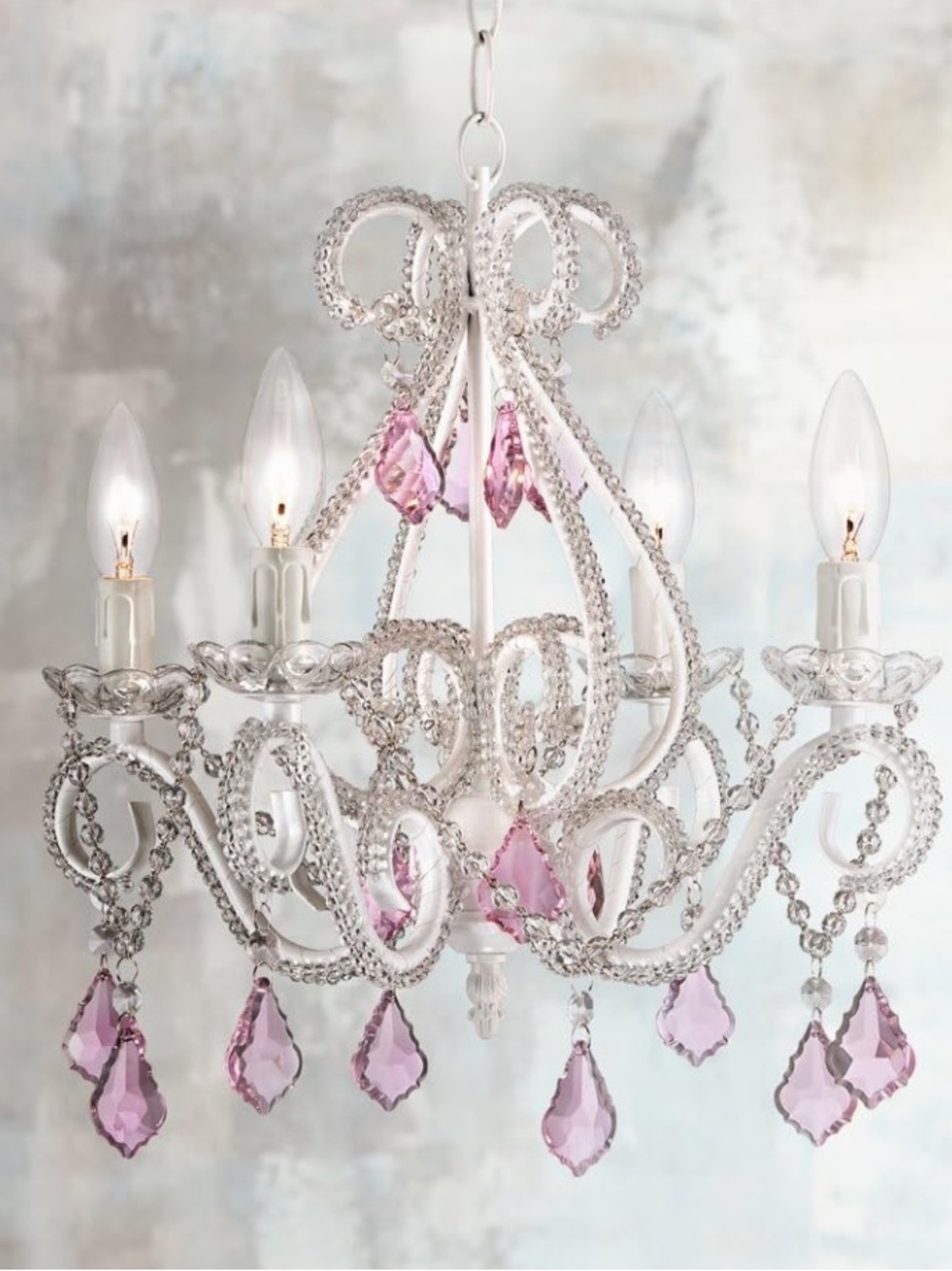 Pottery Barn Kids White Chandelier with Pink Crystal Drops